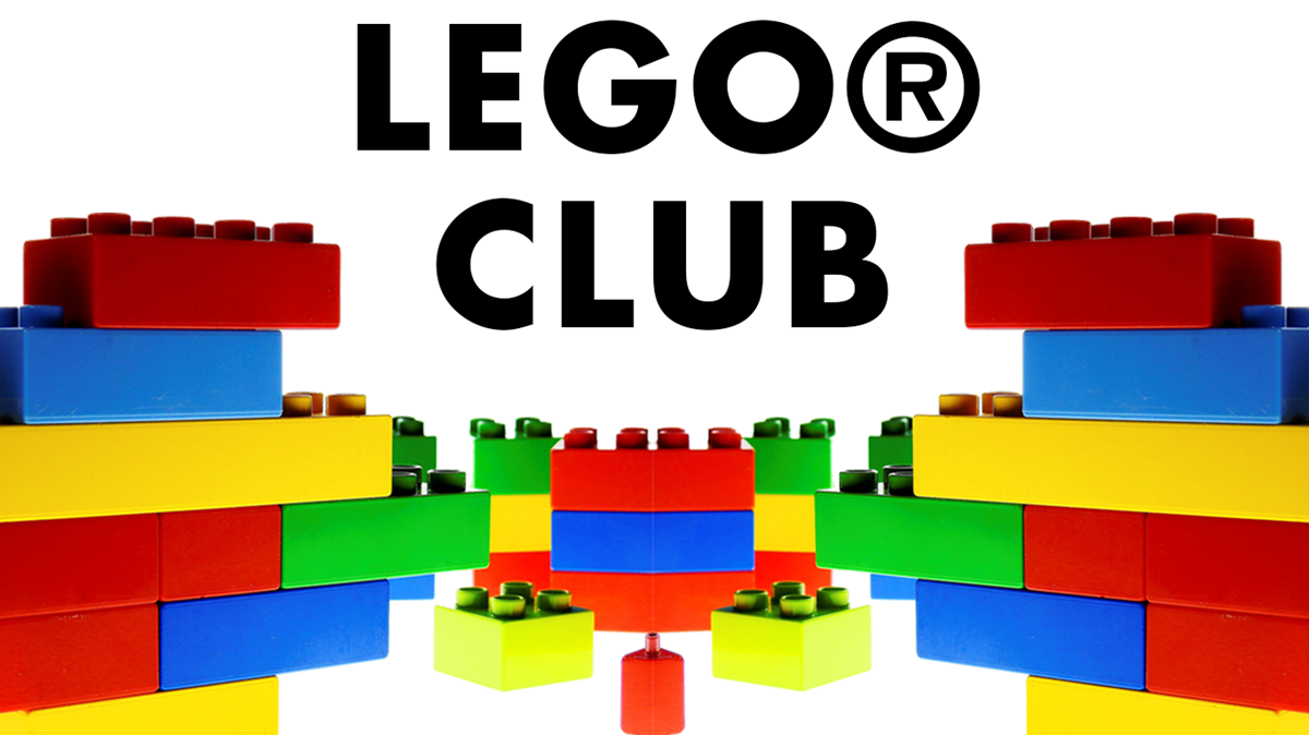 Graphic for Lego Club, red, blue, yellow and green legos